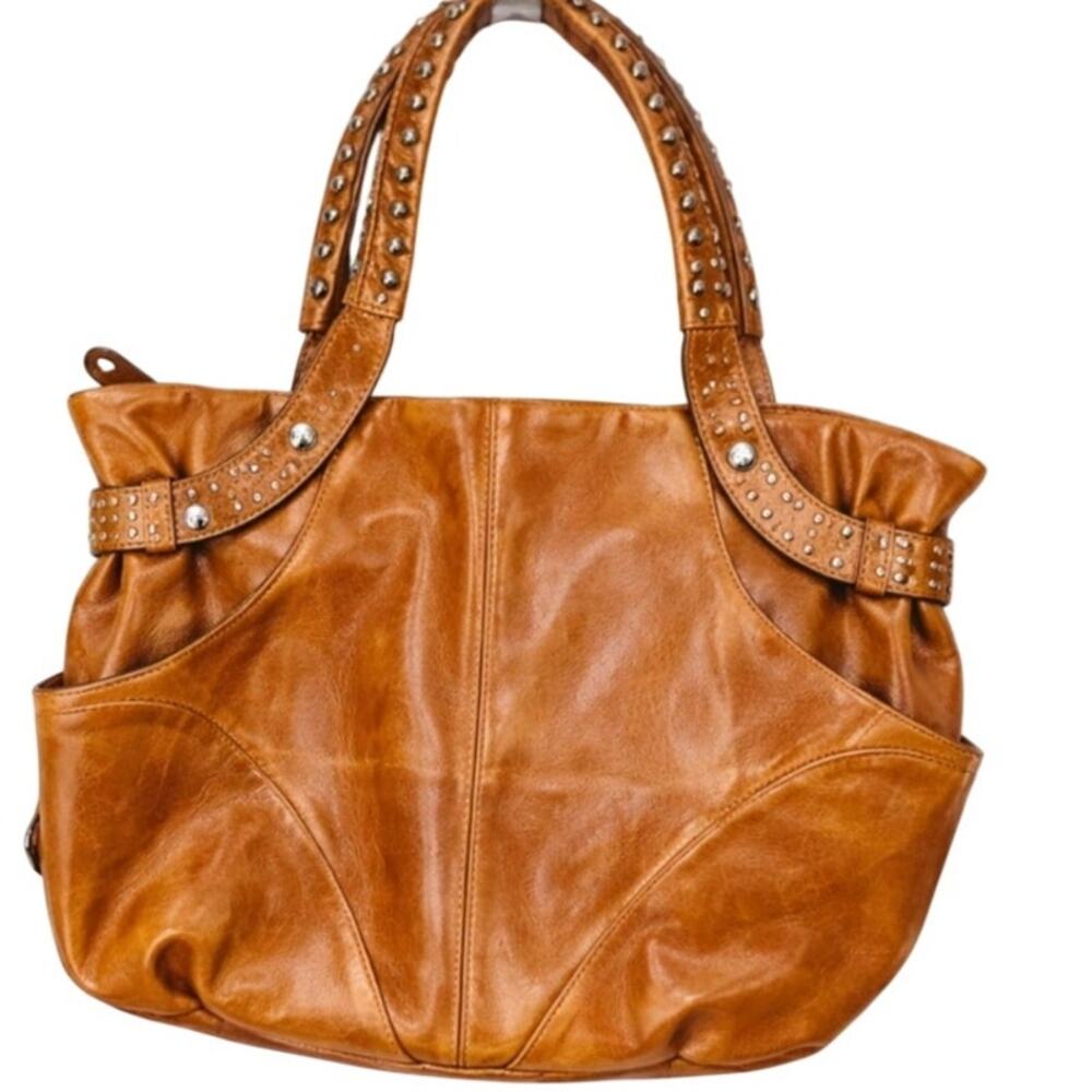 B. Makowski Soft Cognac Leather Shoulder Bag Silver Studs Vintage Y2k Bohemian